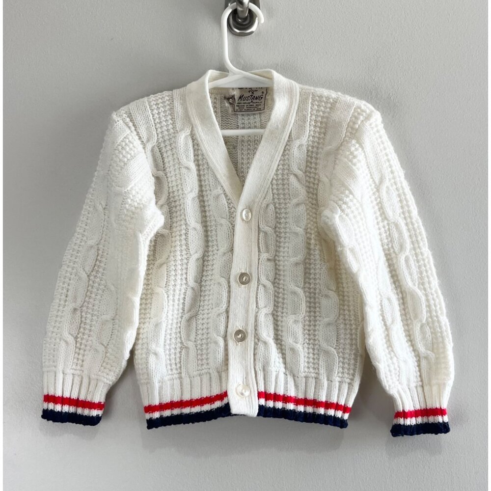 Vtg Mustang Cable Knit Cardigan Sweater Toddler 2T/3T Beige V-Neck 80s